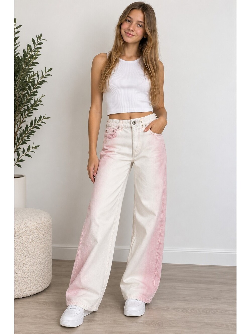 Zara Girls Wide Leg Jeans Pink White Ombre 13-14 164cm